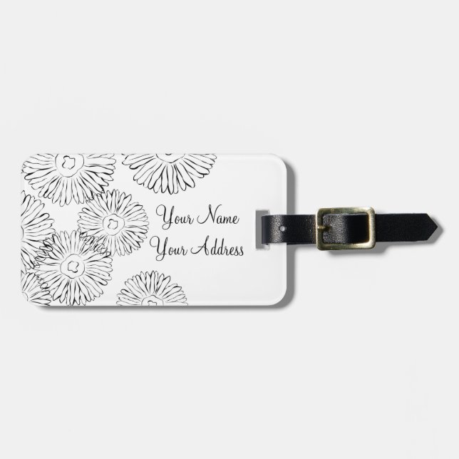Black and white abstract spring flowers luggage tag (Front Horizontal)
