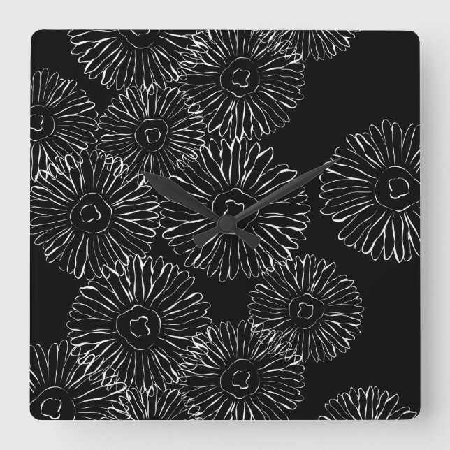 Black and white abstract spring flowers square wall clock (Front)