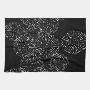Black and white abstract spring flowers tea towel