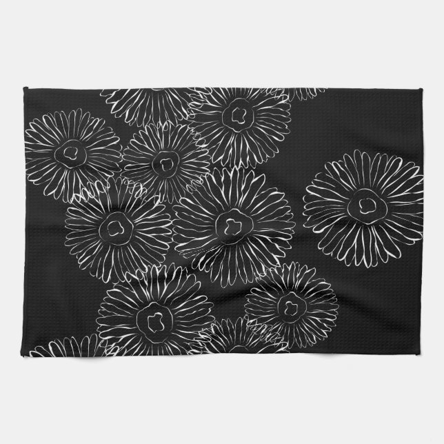 Black and white abstract spring flowers tea towel (Horizontal)
