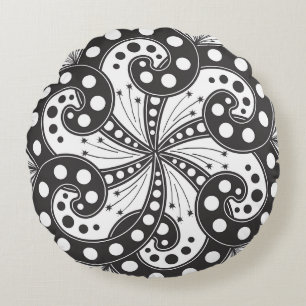 Black and White Abstract Swirl 16 x 16 Round Cushion