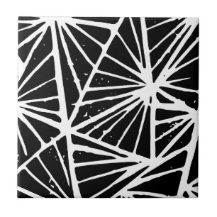 Black and White Abstract Triangles Lino Cut Ceramic Tile