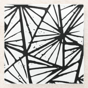 Black and White Abstract Triangles Lino Cut Glass Coaster