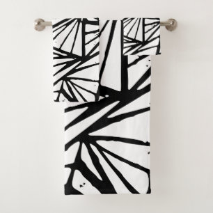 Black and White Abstract Triangles Lino Print Bath Towel Set