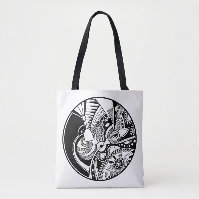Black And White Abstract Zendala On Circle 2 Tote Bag (Front)