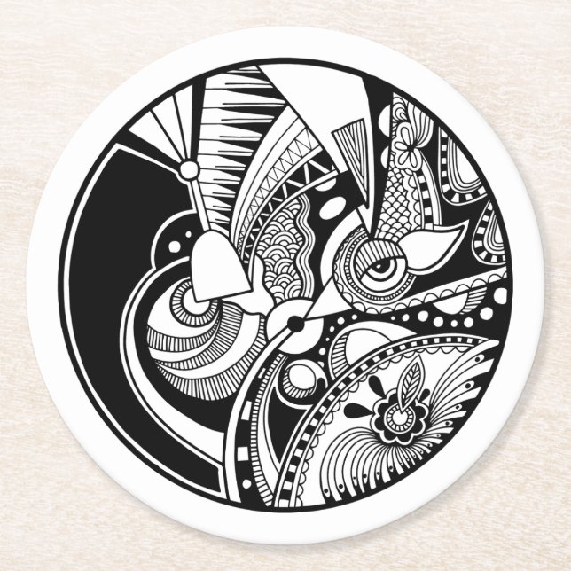 Black And White Abstract Zendala On Circle Round Paper Coaster (Front)