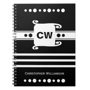 Black and white add initials name striped notebook