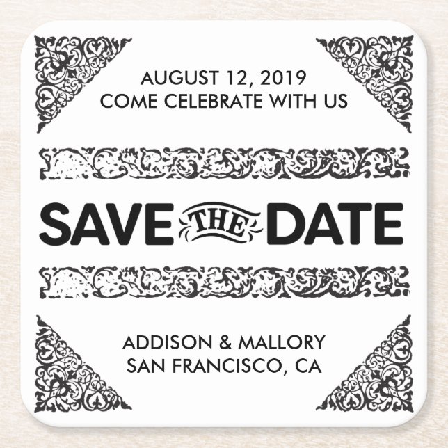 Black and White Adored Save the Date Coasters (Front)