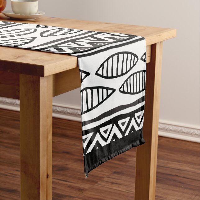Black and White African Tribal Pattern Ethnic Short Table Runner (In Situ)