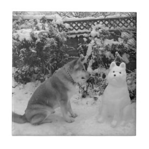 black and white akita with snowman snow dog ceramic tile
