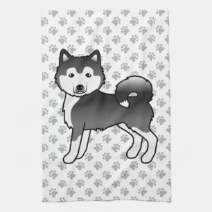 Black And White Alaskan Malamute Cute Cartoon Dog Tea Towel