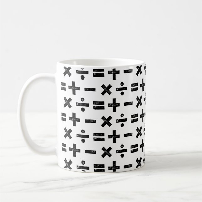 Black and White All Math Symbols Pattern Lino Cut Coffee Mug (Left)