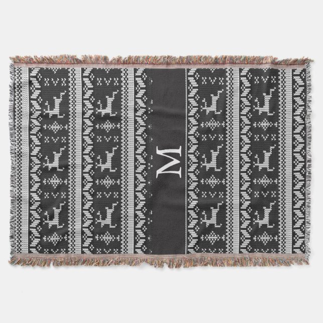 Black and White Alpine Pattern Reindeer - Monogram Throw Blanket (Front)