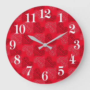 Black and White Alternating Heart Lines on Red Large Clock