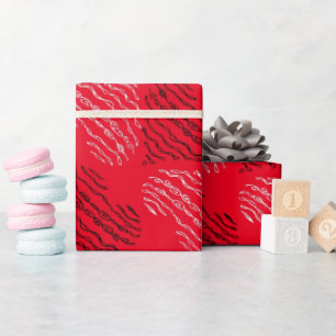 Black and White Alternating Heart Lines on Red Wrapping Paper