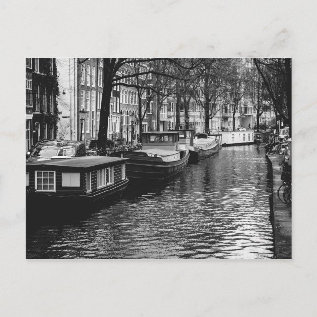 Black and White Amsterdam Canal Photograph Postcard (Front)