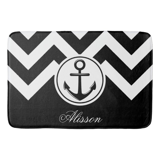 Black and White Anchor Pattern Bath Mat (Front)