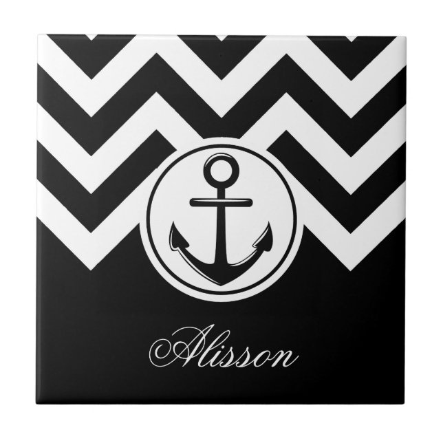Black and White Anchor Pattern Ceramic Tile (Front)