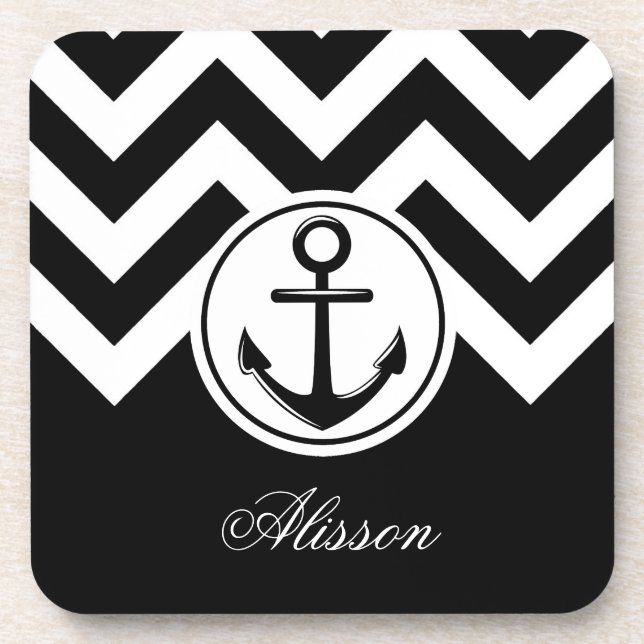 Black and White Anchor Pattern Coaster (Front)