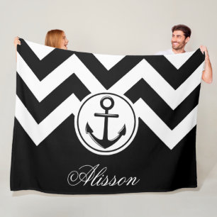 Black and White Anchor Pattern Fleece Blanket