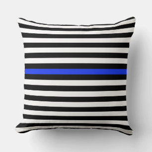 Black and White and Cobalt Blue Narrow Stripes Cushion