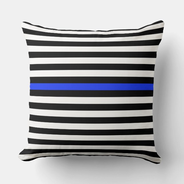 Black and White and Cobalt Blue Narrow Stripes  Cushion (Front)