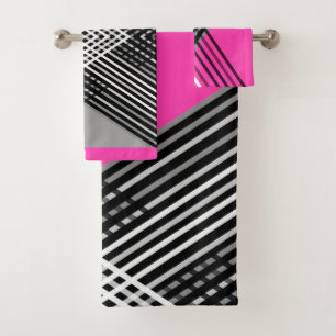 Black and white and grey intertwined stripes on a  bath towel set