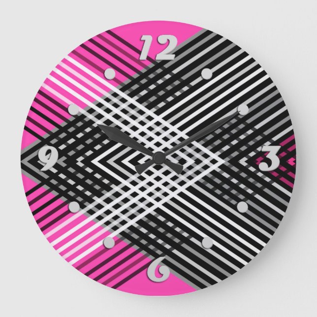 Black and white and grey intertwined stripes on a  large clock (Front)