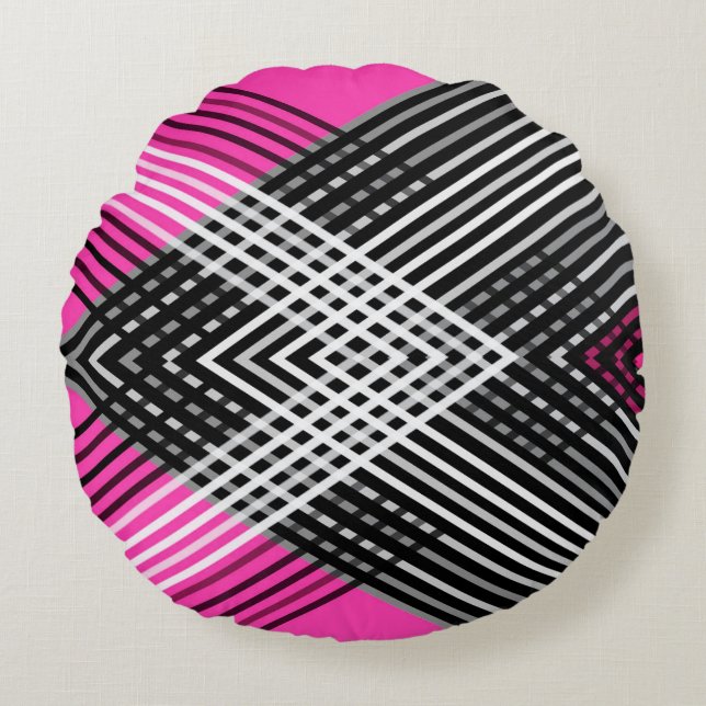 Black and white and grey intertwined stripes on a  round cushion (Front)