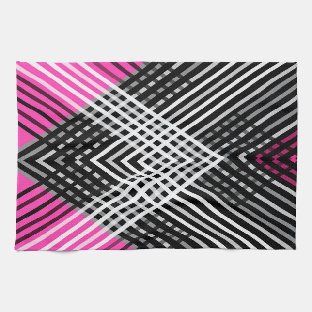 Black and white and grey intertwined stripes on a  tea towel (Horizontal)