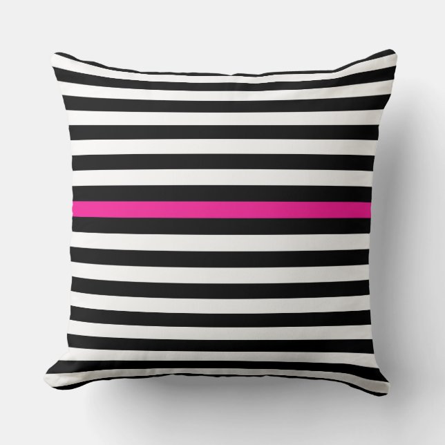 Black and White and Hot Pink Narrow Stripes  Cushion (Front)