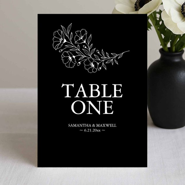 Black and White Anemone Wedding Table Number Cards (Black and white wedding table cards modern elegant floral line art by Victoria of Do Tell A Belle)