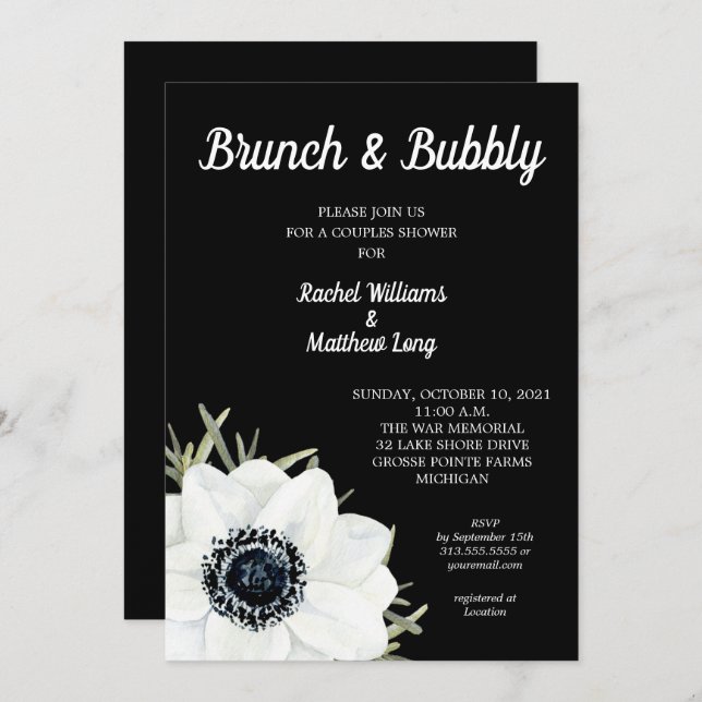 Black and White Anemones Couples Wedding Shower Invitation (Front/Back)