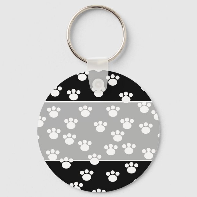 Black and White Animal Paw Print Pattern. Key Ring (Front)