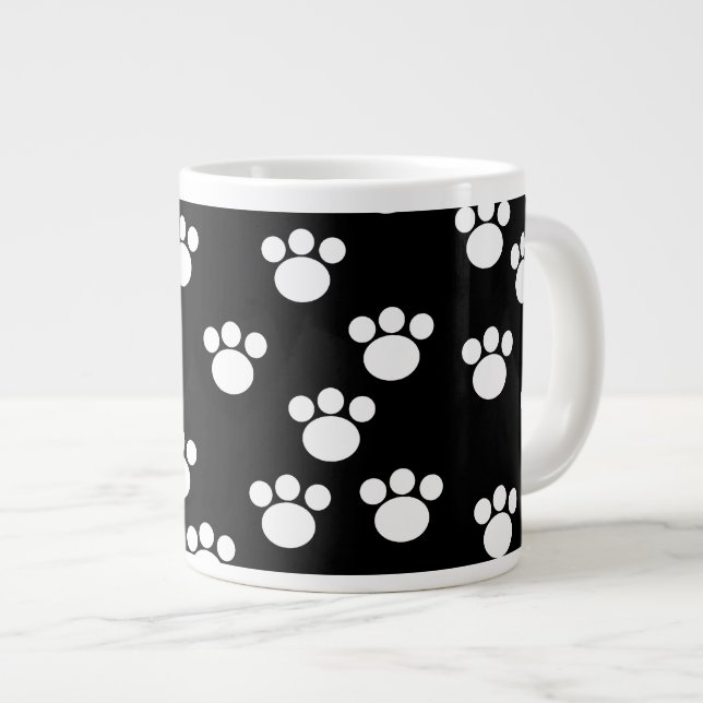 Black and White Animal Paw Print Pattern. Large Coffee Mug (Front Right)
