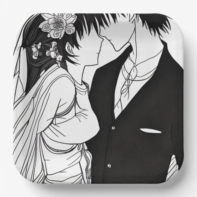 Black and White Anime Bride and Groom Wedding Paper Plate (Front)