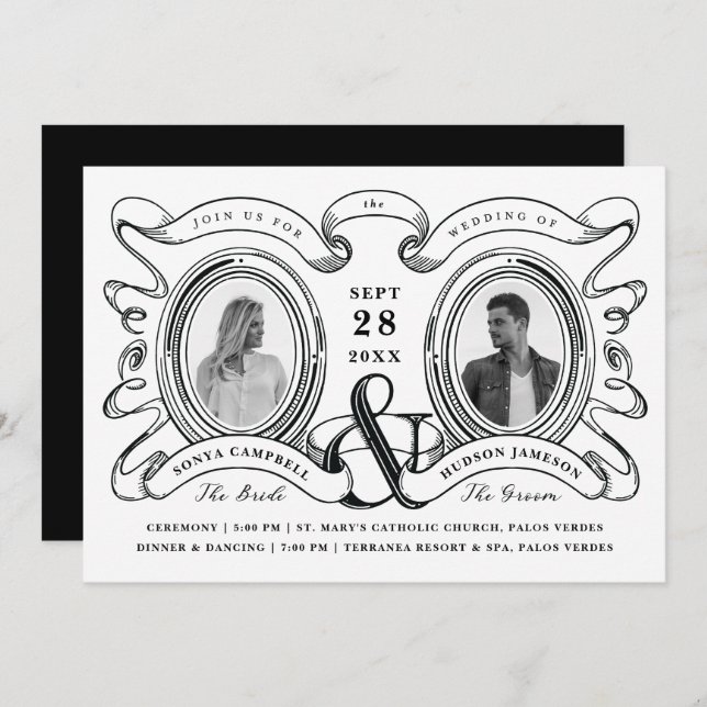 Black and White Antique Cameo Photo Wedding Invitation (Front/Back)
