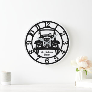 Black and White Antique Car Large Clock