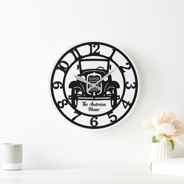 Black and White Antique Car Large Clock (Home)