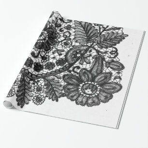 BLACK AND WHITE ANTIQUE LACE PATTERN GIFT WRAPPING PAPER