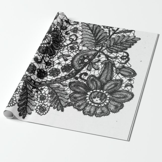 BLACK AND WHITE ANTIQUE LACE PATTERN GIFT WRAPPING PAPER (Unrolled)