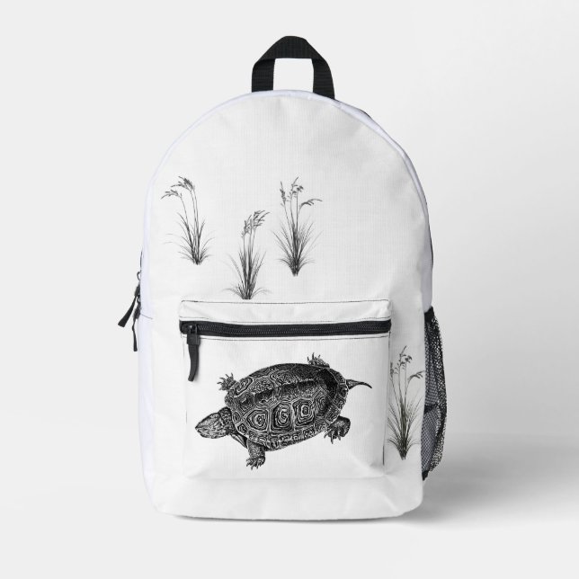 Black and White Aquatic Turtle Printed Backpack (Front)