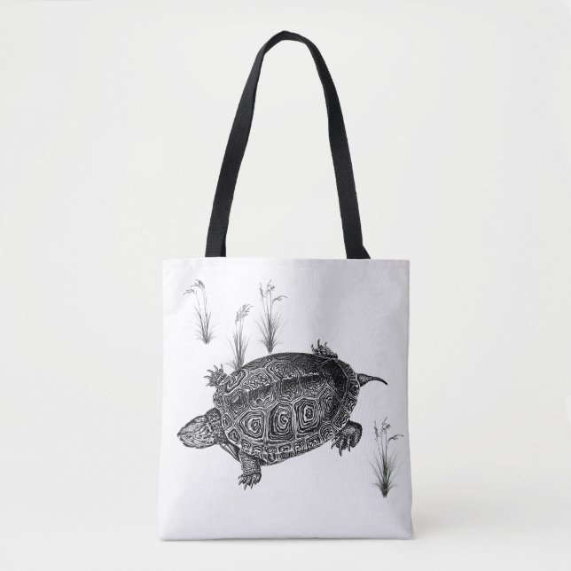 Black and White Aquatic Turtle Tote Bag (Front)