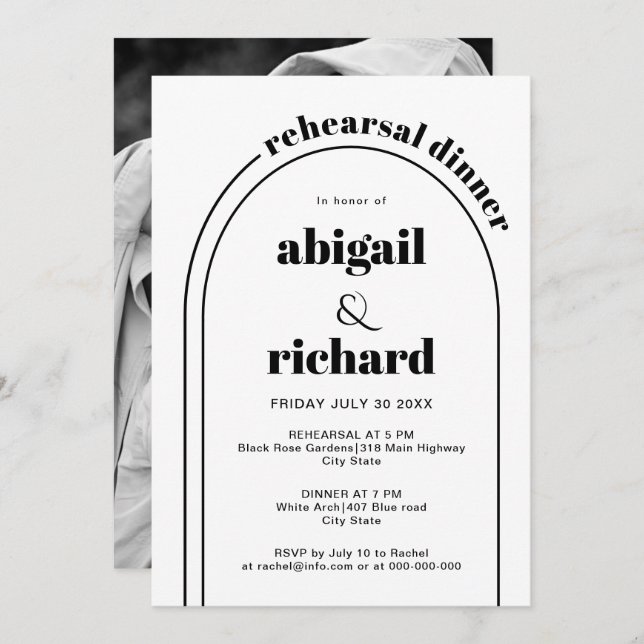 Black and white arch wedding rehearsal dinner invitation (Front/Back)