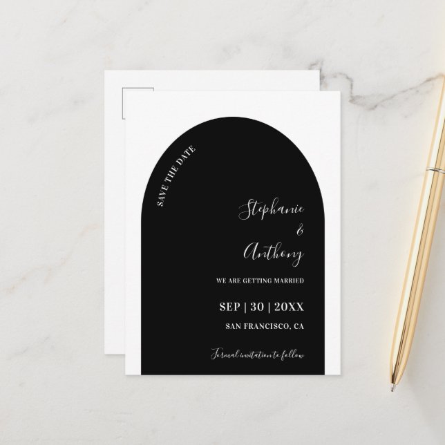 Black and White Arch Wedding Save the Date  Announcement Postcard (Front/Back In Situ)