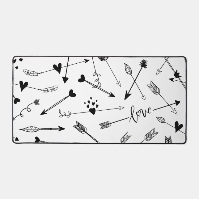 Black and White Arrows and Hearts Desk Mat (Front)
