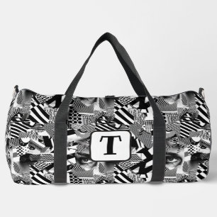 Black and white art collage of different pattern 1 duffle bag