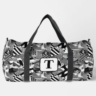 Black and white art collage of different pattern 1 duffle bag