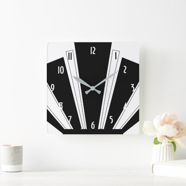 Black And White Art Deco Design Square Wall Clock (Home)