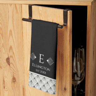 Black and White Art Deco Fan Diamond Personalised Tea Towel